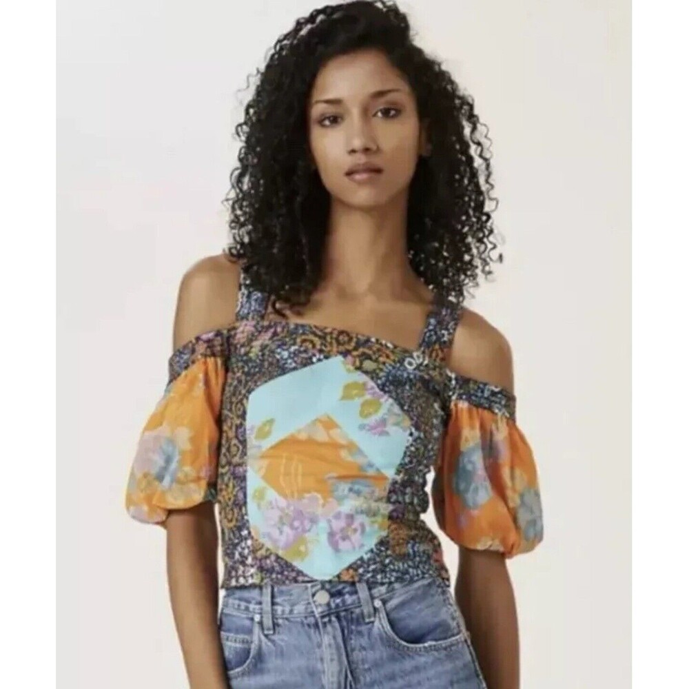 ANTHROPOLOGIE‎ M Love The Label Patchwork Cropped Tank Off Shoulder Top coquette